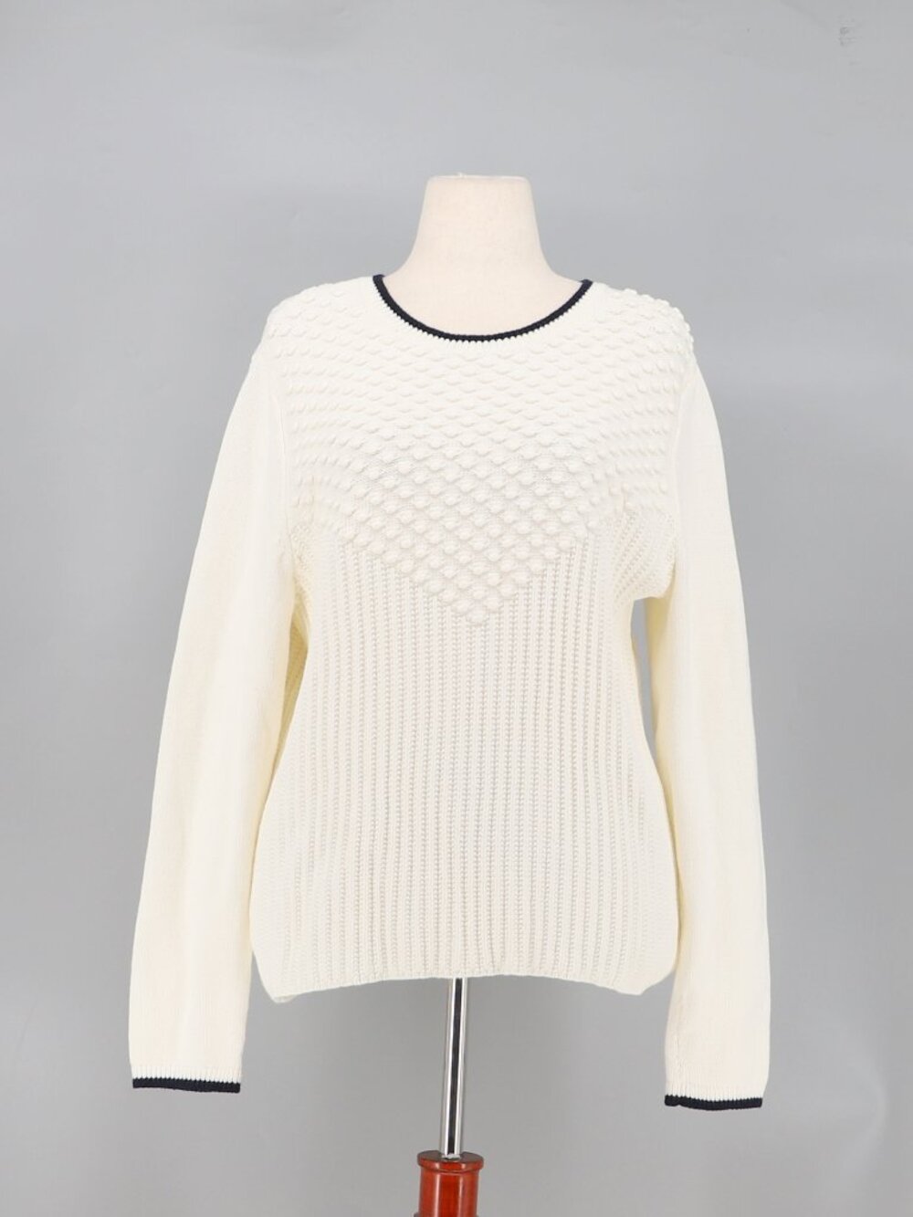TALBOTS Textured Cotton Crewneck Sweater in Cream w/Navy Trim Size XL